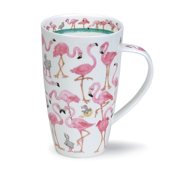 Krus til kaffe og te med farverige flamingoer i tyndt og holdbart porcelæn 