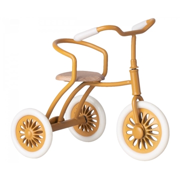 Cyklen er gennemført lavet med gummihjul og håndtag samt sæde i træ