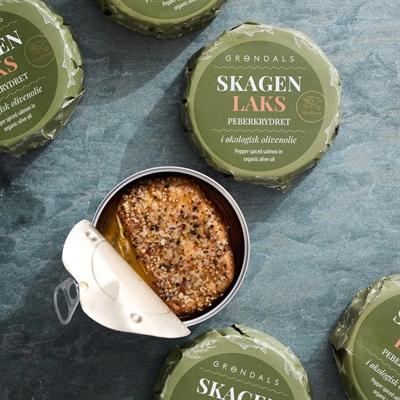 Peberkrydret Dansk Laks - helkonserveret med økologisk olivenolie.
