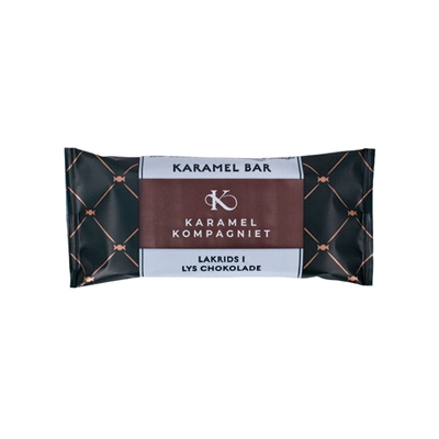 Karamelbar med lakridskaramel - overtrukket med lys chokolade. 50g