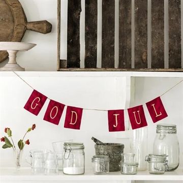 Flagranke med gulbroderede bogstaver "God Jul"