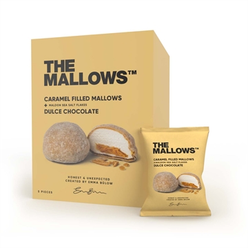 The Mallows double caramel er pakket i kasse med 5 stk flowpacks